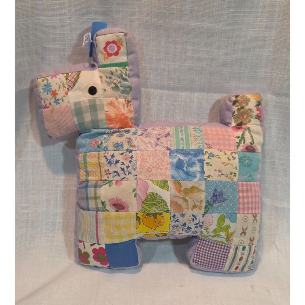 Vintage Handmade Patchwork Quilt Dog Plush Pillow Cottagecore Folk Art